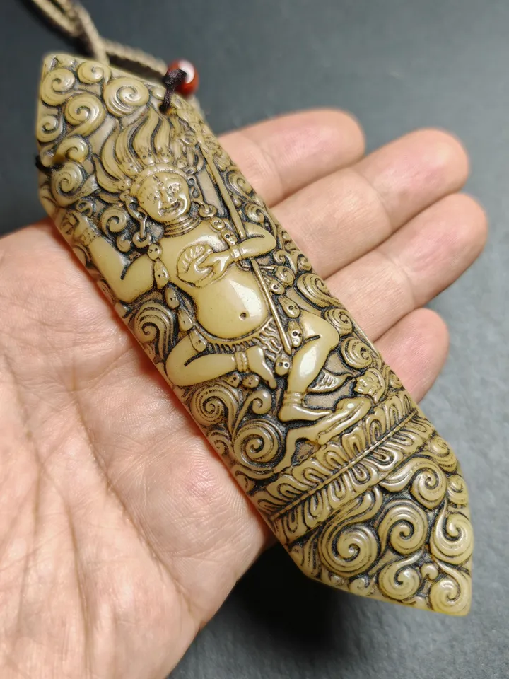 Gandhanra Vintage Yak Bone Carved Troma Nagmo Amulet - Tibetan Buddhist Black Dakini Female Deity Pendant