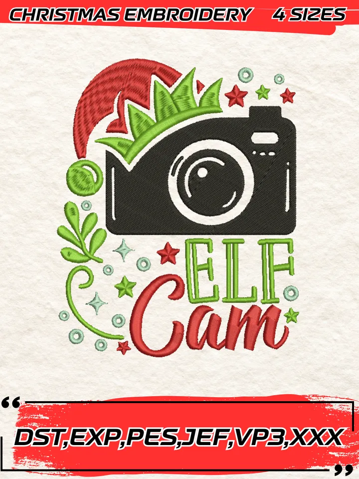 Elf Cam Merry Christmas Embroidery Design,Christmas Embroidery Design,4 Sizes, Digital Download