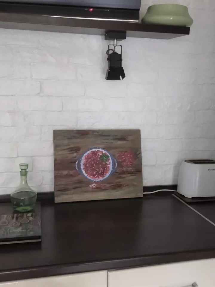 Still life with fruits, plate with cranberries in sugar on wooden table, painting for kitchen, canvas 18x14 inches