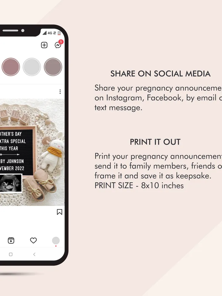 Mother's day Pregnancy Announcement Digital, Mother's Day Baby Announcement, Editable Template for Social Media