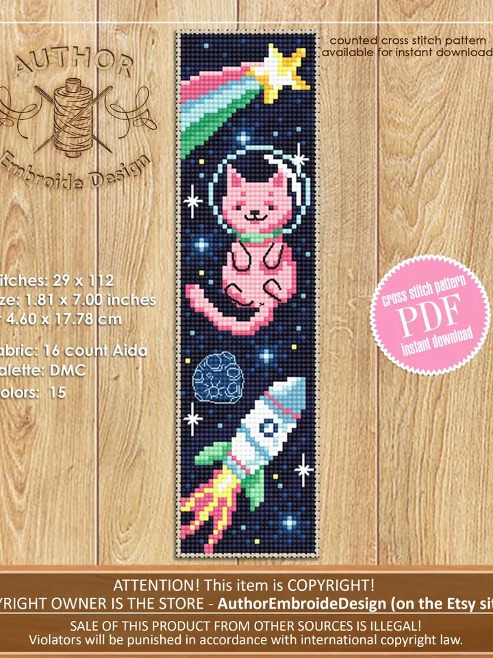 Bookmark set Cat cross stitch pattern download PDF Cat bookmark cross stitch chart, Handmade bookmark pattern digital PDF Cat in space #B233