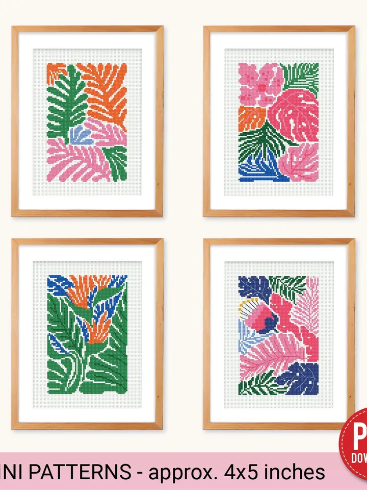 Bundle of 4 mini contemporary Plants Cross stitch patterns Flower Abstract floral beginner counted modern chart DIY embroider instant PDF