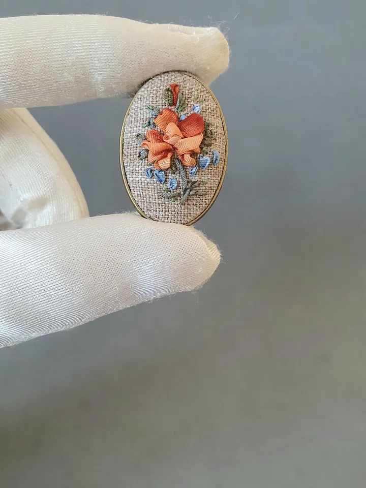 Ribbon embroidered brooch for her, hand embroidery jewelry,art 33