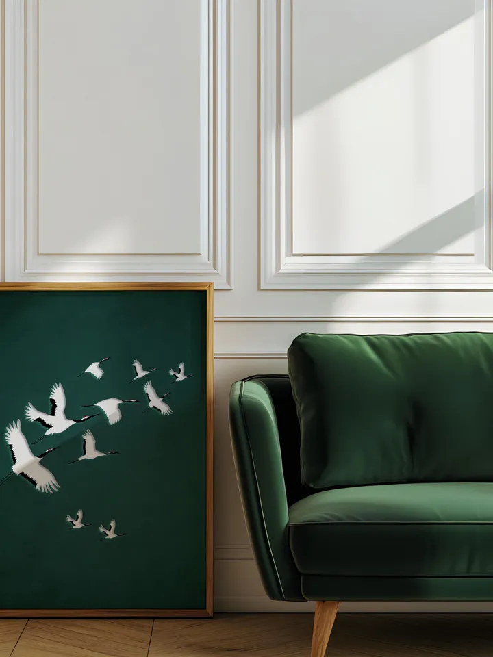 Emerald Cranes Wall Art Digital Print Japanese Style Gold Accent Bird Poster Maximalist Green Decor Eclectic living Room Artwork Gift poster