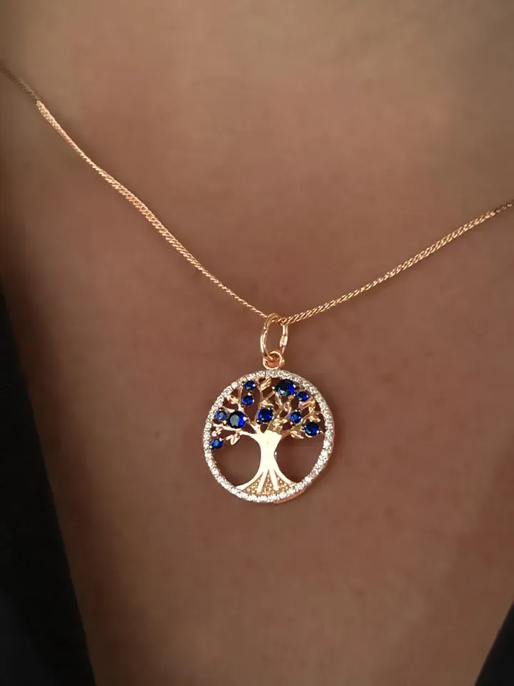 Pendant silver 925 on the neck, gold 585 coating, tree of life, with nano sapphire