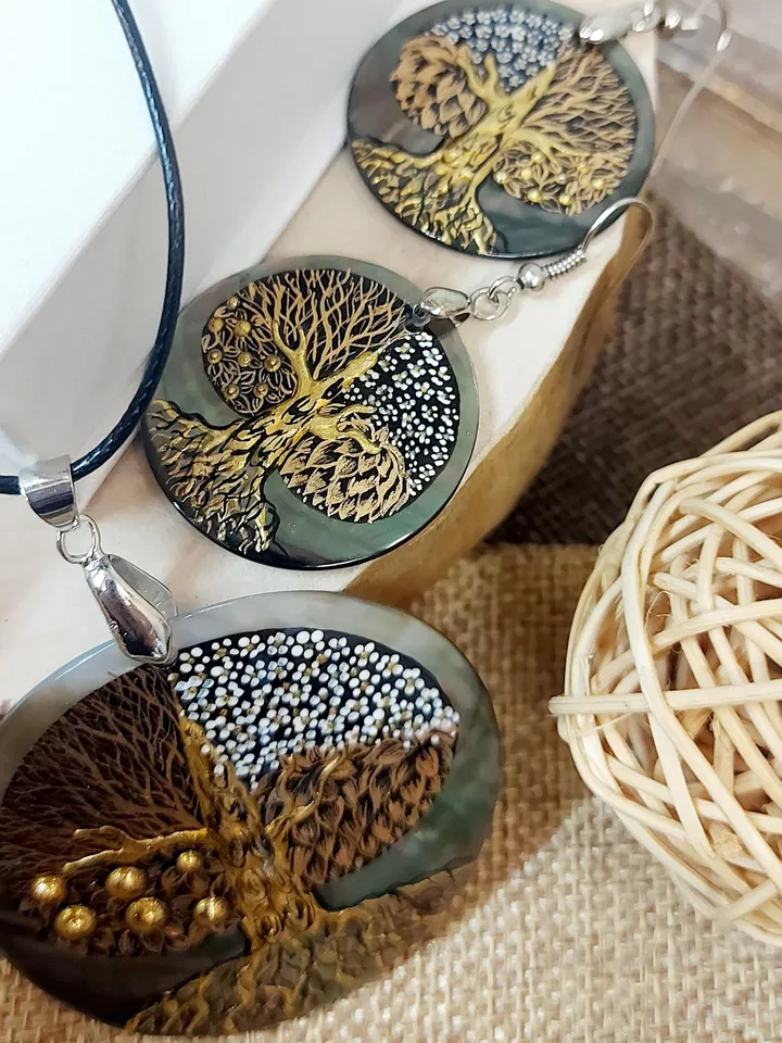Seasons of Life: Artistic Tree of Life Pendant and Earrings Set - Hand-Painted by Skilled Artisans inspired by Gustav Klimt's Masterpieces