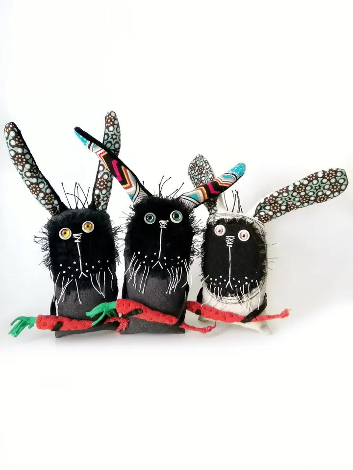 Handmade Quirky and Unique Fabric Art Doll Bunnies: One-of-a-Kind Fun Delightful Interior Decor Toys with a Spooky Twist. FREE SHIPPING!