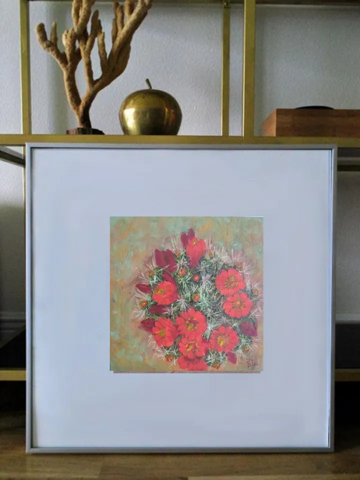 Oil painting of blooming cactus covered with thorns, original painting with red flowers, canvas 8x8 inches