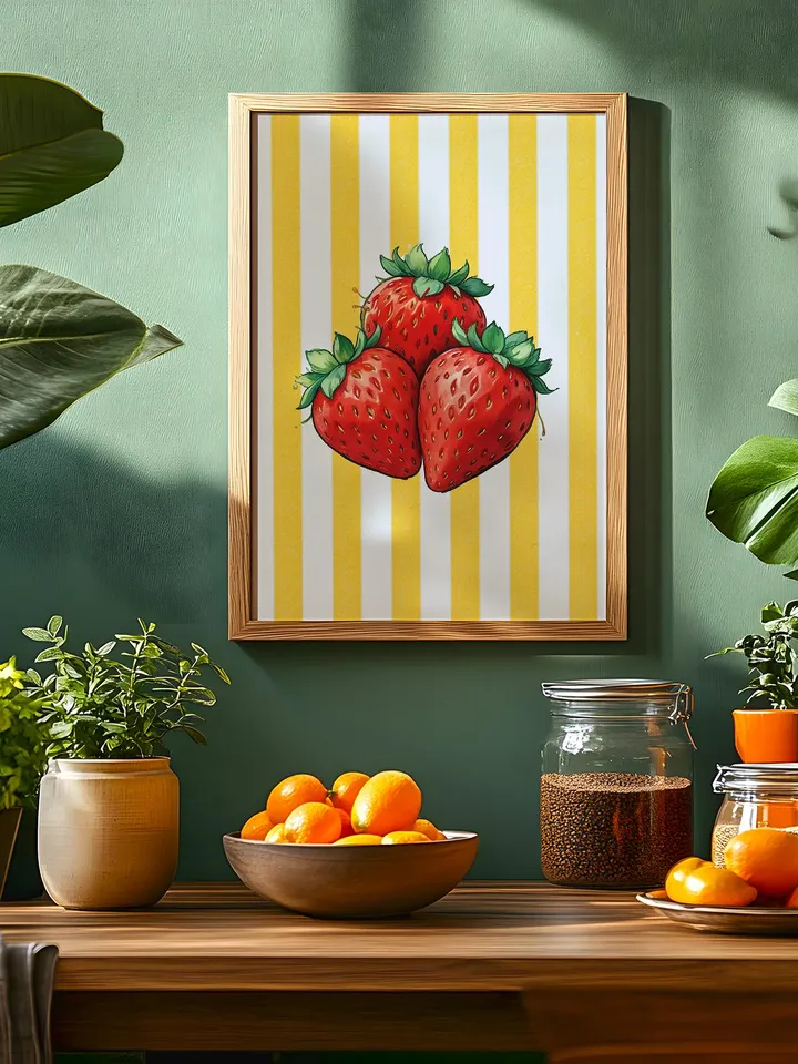Strawberry Vintage Print, Strawberries Wall Art, Kitchen Trendy Poster, Farmhouse Kitchen Drawing, Retro Kitchen Decor, Fruit Wall Art