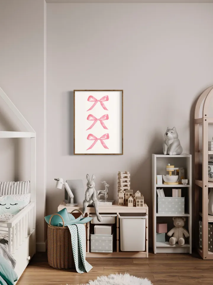 Pink Bow Painting Art Print, Watercolor Bow, Pink and White, Newborn Girl, Pink Chinoiserie Wall Art Print