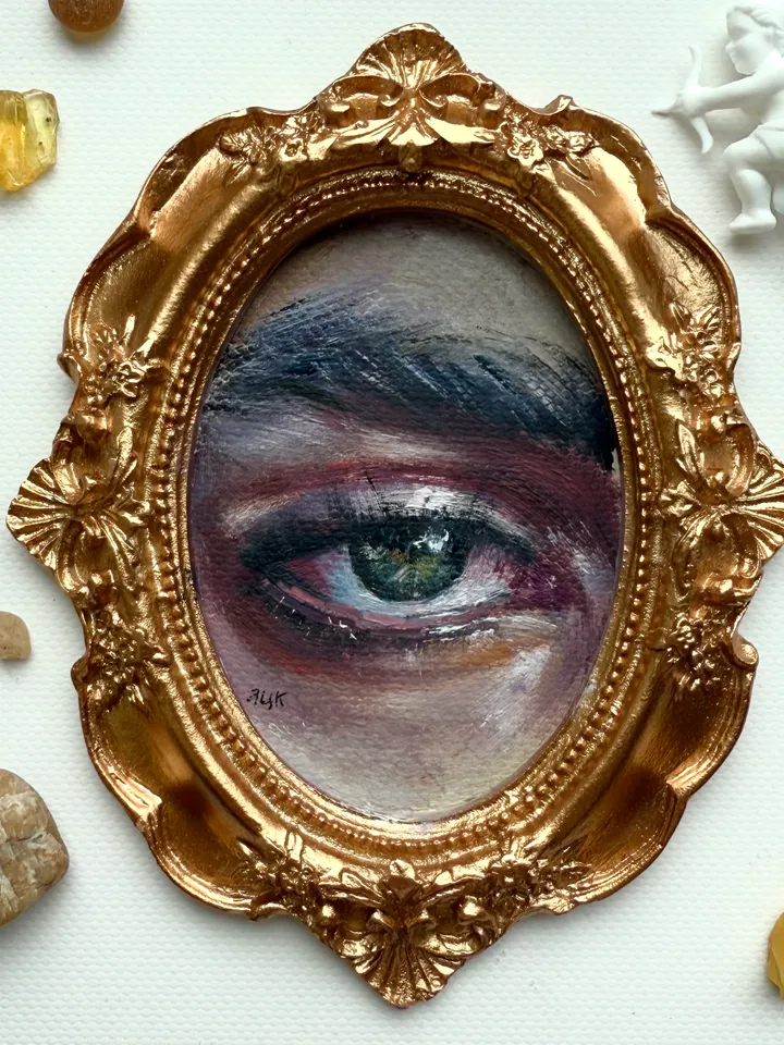 Original Framed Lover's Eye Antique Painting Illustration Vintage Style Small