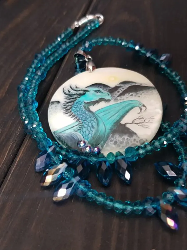 Dragon necklace. Miniature painting of dragon on mother of pearl pendant