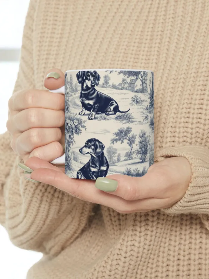 Dachshund French Toile de Jouy Mug - Blue Toile Coffee Cup for Doxie Mom, Sausage Dog Lover Gifts, Dog Tea Drinkware, Dog Mom Gift