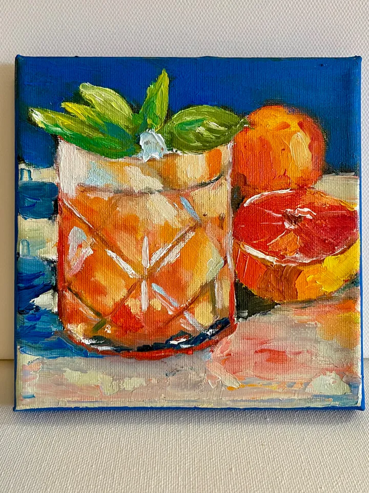 Lemonade cocktail Still Life Painting on Canvas Original Orange Juice Drink Wall Art Bar Cart Decor 6"x6"