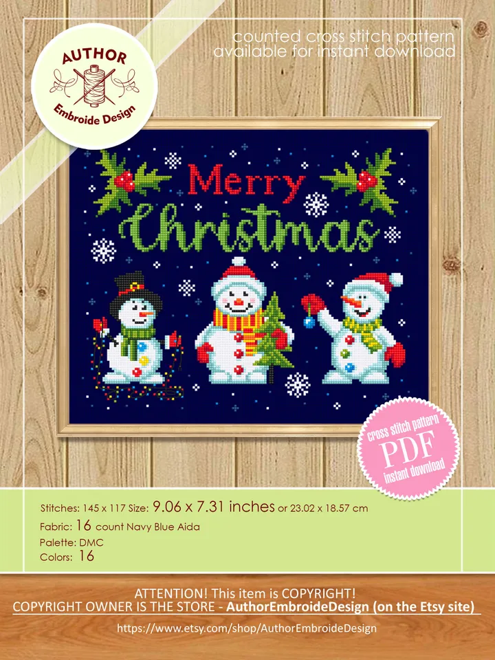 Christmas snowmen cross stitch pattern PDF download, Merry Christmas cross stitch chart, Christmas pattern digital PDF, Cute snowman #N126