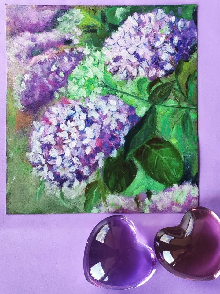 Hydrangea oil on cardboard purple flowers miniatures