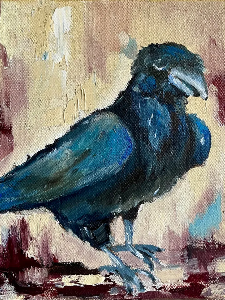 Crow painting, Original bird oil painting on canvas,  Raven wall art, Small animal artwork