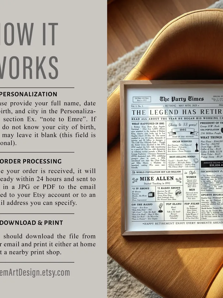 Retirement Newspaper Poster for Women, Unique Retirement Gift Printable, Retirement Decor Sign, Personalized Digital Download