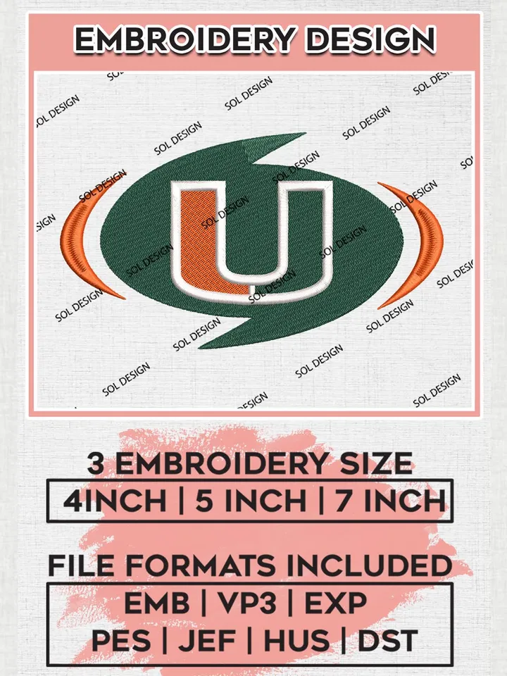NCAA Miami Hurricanes Football Team Logo Embroidery Design Files, NCAA Miami Hurricanes Machine Embroidery, NCAA Teams, 3 sizes, NCAA Machine embroidery designs, Digital Download