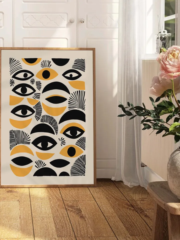 Abstract Eye Digital Print, Minimalist Eye Wall Art, Black Gold Poster, Crayz eyes art Stylish Modern Illustration, Instant Digital Download