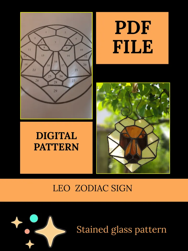 Leo Zodiac sign/ Digital Download / Stained Glass Pattern / PDF file / DIY/ Lion
