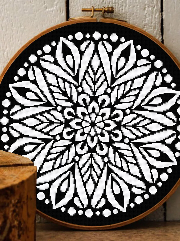 Flower mandala cross stitch pattern download PDF Simple mandala digital Monochrome cross stitch Modern cross stitch pillow Home decor #M177