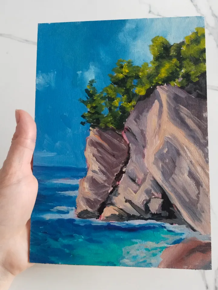 Seascape oil painting Seaside rocks in turquoise water Ocean shore Wall art