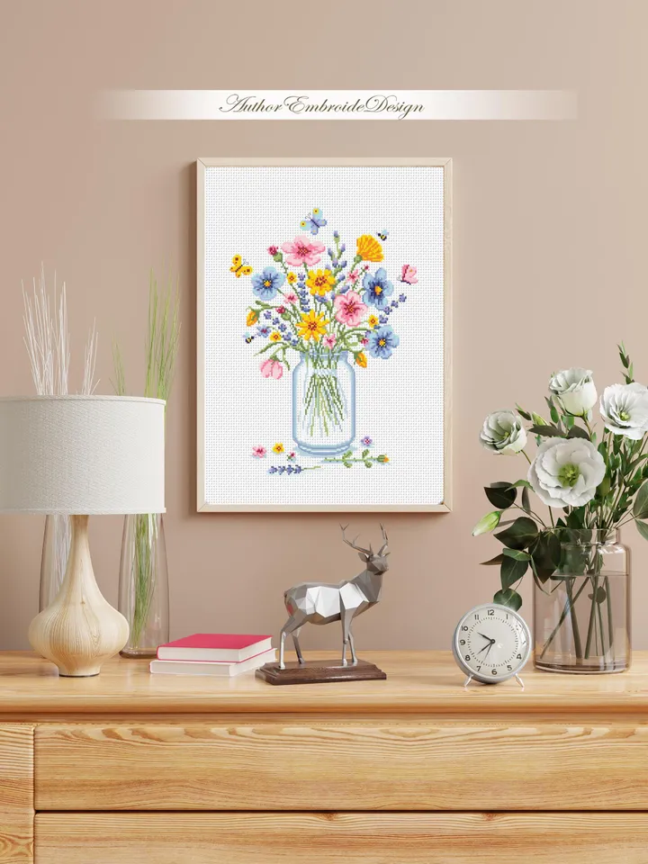 Wildflower bouquet cross stitch pattern PDF download Watercolor wildflowers cross stitch, Wild flowers in mason jar pattern digital PDF #P56