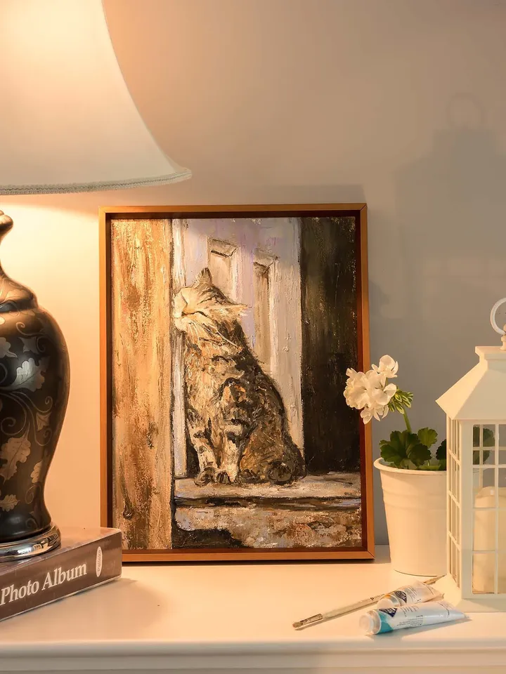 The cat in the picture. Oil painting. Guests on the doorstep. Original canvas. Contemporary painting 12 "16".