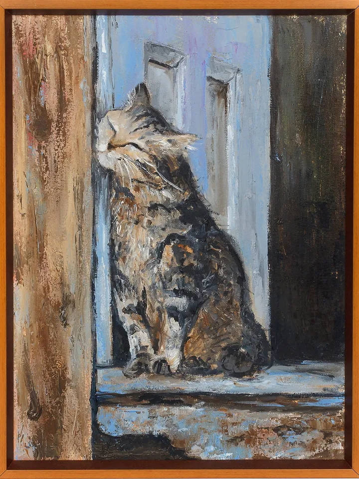 The cat in the picture. Oil painting. Guests on the doorstep. Original canvas. Contemporary painting 12 "16".