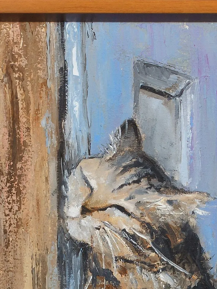 The cat in the picture. Oil painting. Guests on the doorstep. Original canvas. Contemporary painting 12 "16".