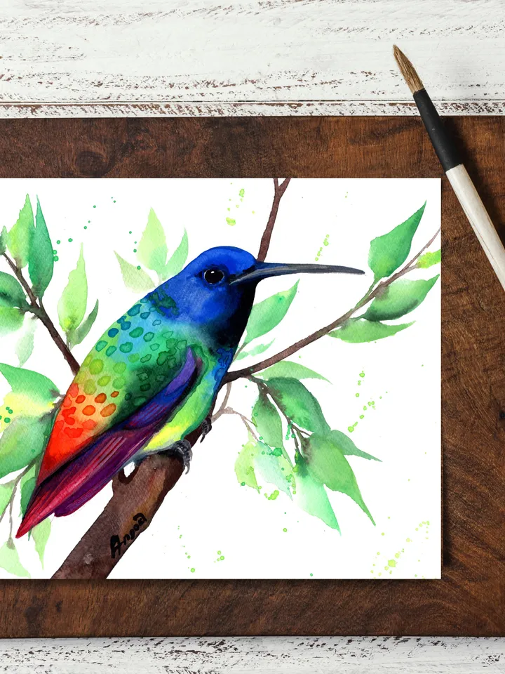 Colorful Hummingbird original watercolor, bird on the branch painting, colibri portrait room decor, 8x11 in wall art for bird lovers handmade by Anne Gorywine