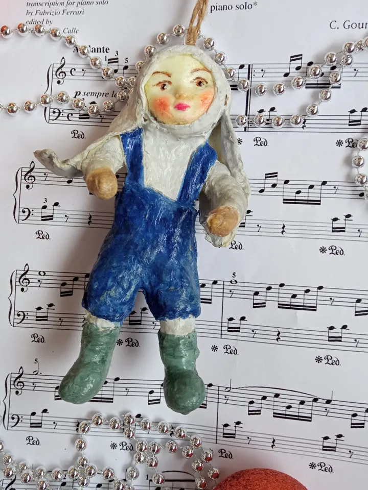 One-of-a-Kind Bunny Boy Doll - Handcrafted Ornament for Tree or Room Decor Art doll. Christmas tree toy. Holiday's gifts