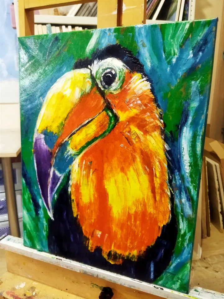 Oil painting on canvas with a bird