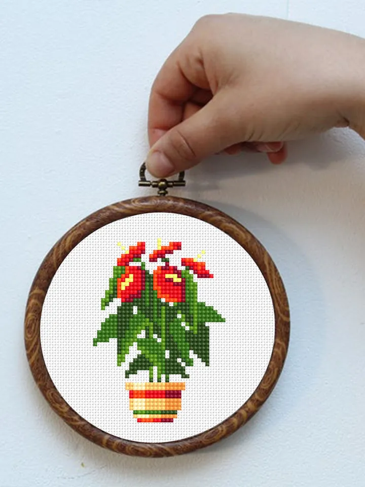 Red flower plant cross stitch pattern PDF download Simple mini cross stitch chart, Easy small cross stitch Anthurium, Plant lover gift #P20