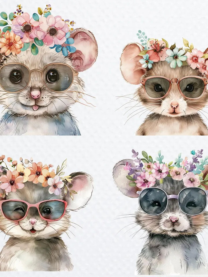 21 Boho Mouse PNG Bundle, Cute cartoon Mous, Watercolor clipart for sublimation, High Quality scrapbook images, Paper craft, junk journal