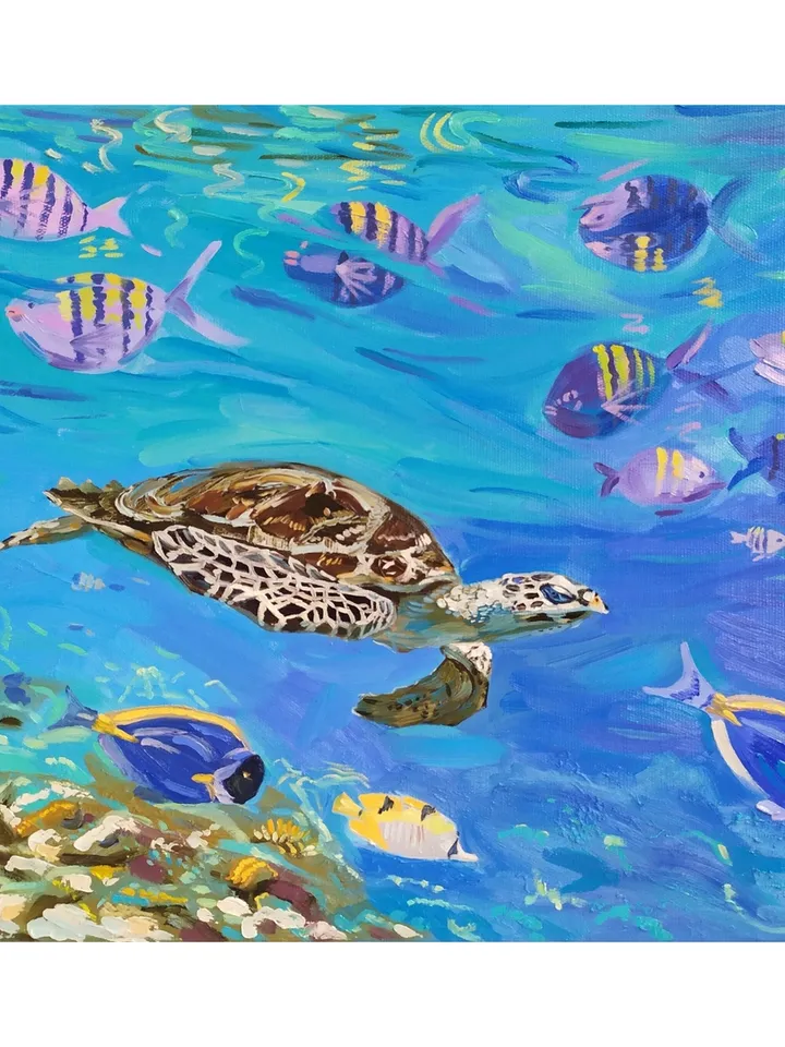 Turtle painting Tortoise Original Art 16 by 20 Fish painting on canvas art square Terrapin artwork by Natalia Plotnikova