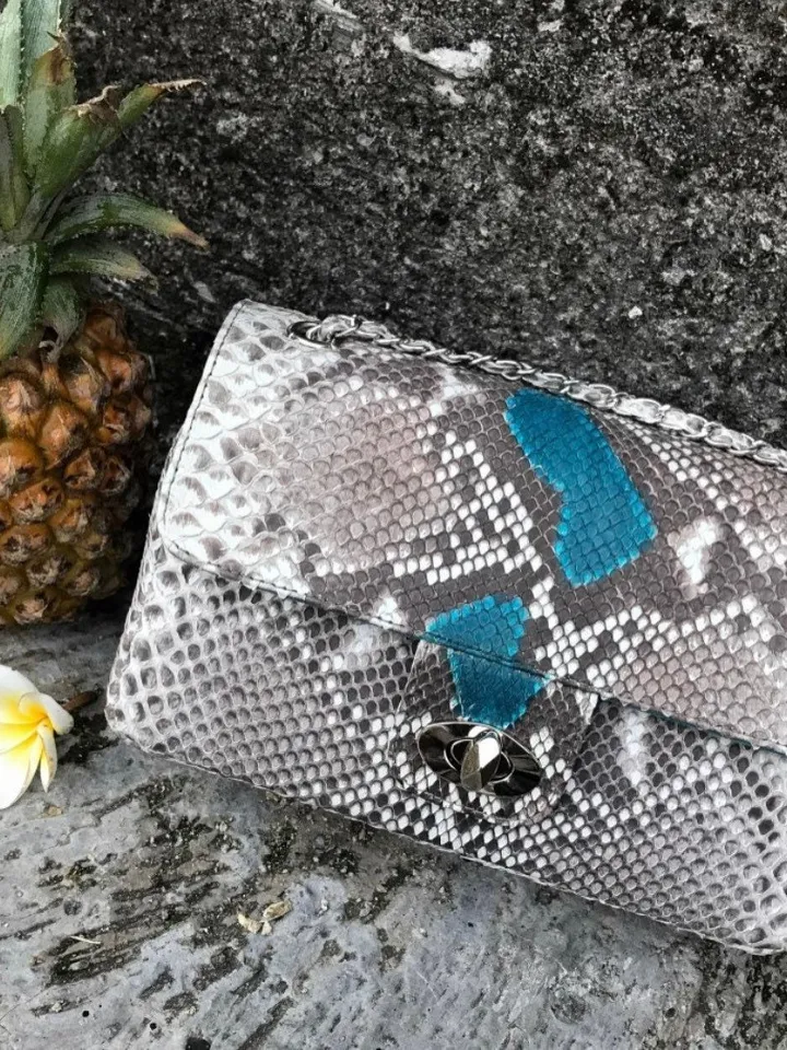 Gray and blue Genuine Python Skin Crossbody Chain Bag | Bright Summer Bag | Elegant Women Bag | Chain Strap Crossbody Deep classy Purse
