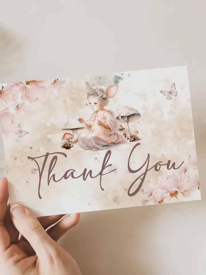 Editable Fairy Birthday thank you card template Fairy Floral Birthday Magical Enchanted Fairy Birthday Pixie Fairy Party Magical fa12