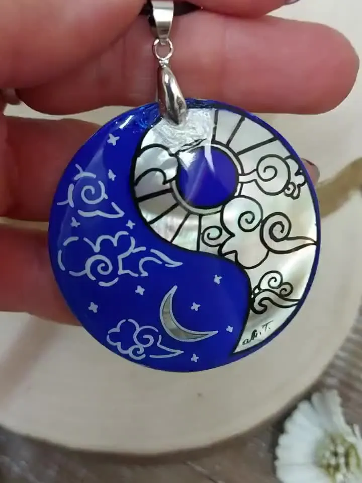 Pearl pendant necklace: Day & Night as Yin Yang symbol painted on lacquer shell. Unique handmade jewelry gift for her. Good for blue dress.