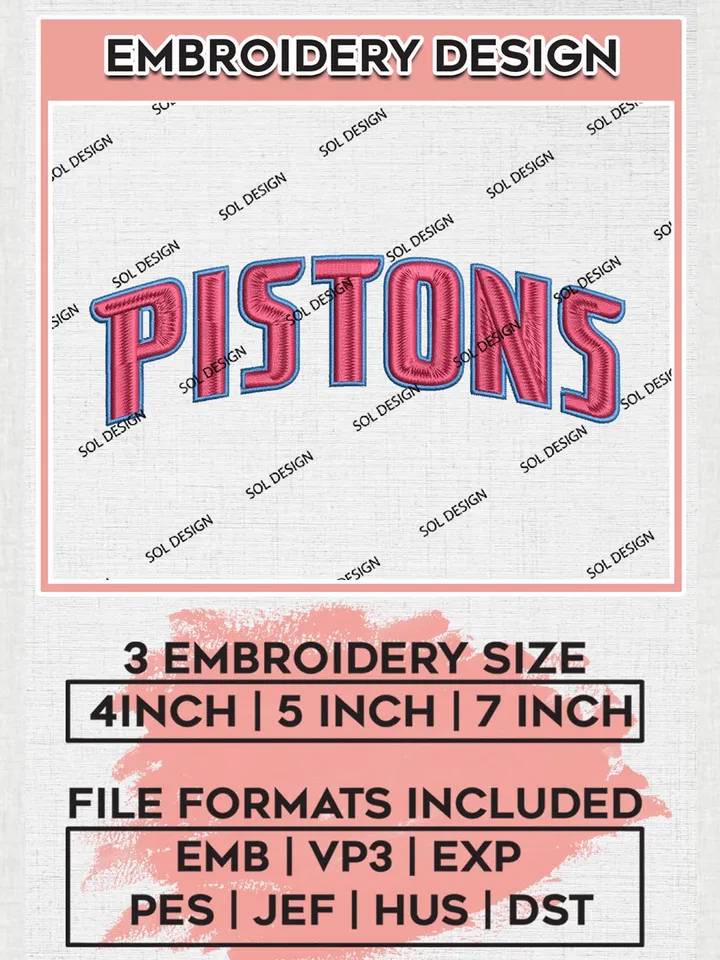 NBA Detroit Pistons Wordmark Logo Machine Embroidery Designs, Detroit Pistons Embroidery Design Files, NBA Logo Machine Embroidery, NBA Embroidery Design, Digital Download