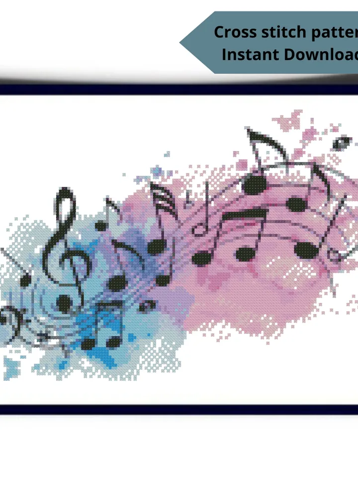 Music cross stitch pattern, Notes cross stitch pattern, Watercolor Modern embroidery, Instant download, Digital PDF