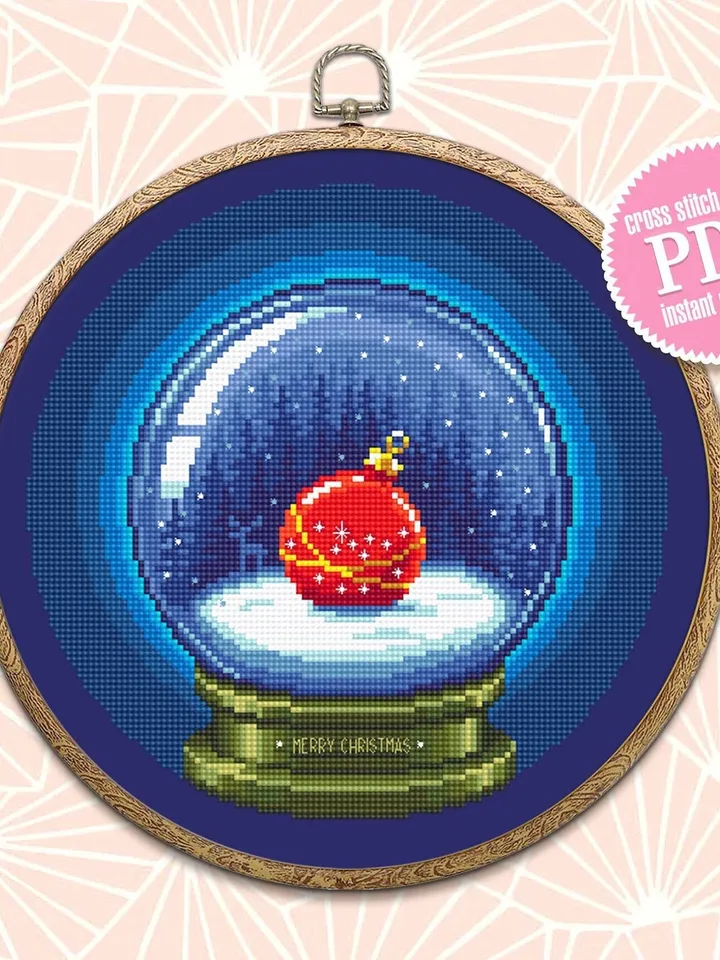 Merry Christmas cross stitch pattern download PDF Snow ball cross stitch, Winter holiday embroidery PDF, Christmas ball beginner stitch #N60