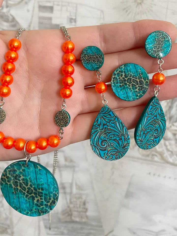 Bright set of handmade jewelry. Individual design.