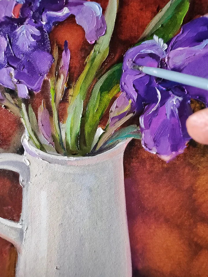 Oil Painting Bouquet of Flowers Irises Original Painting on Canvas Wall Art Impasto Painting Purple Flowers 16 x 16 inches Artist Natalia