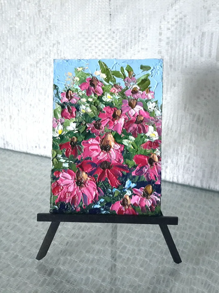 Echinacea Original Oil ACEO Painting Daisies Impasto Miniature Artwork