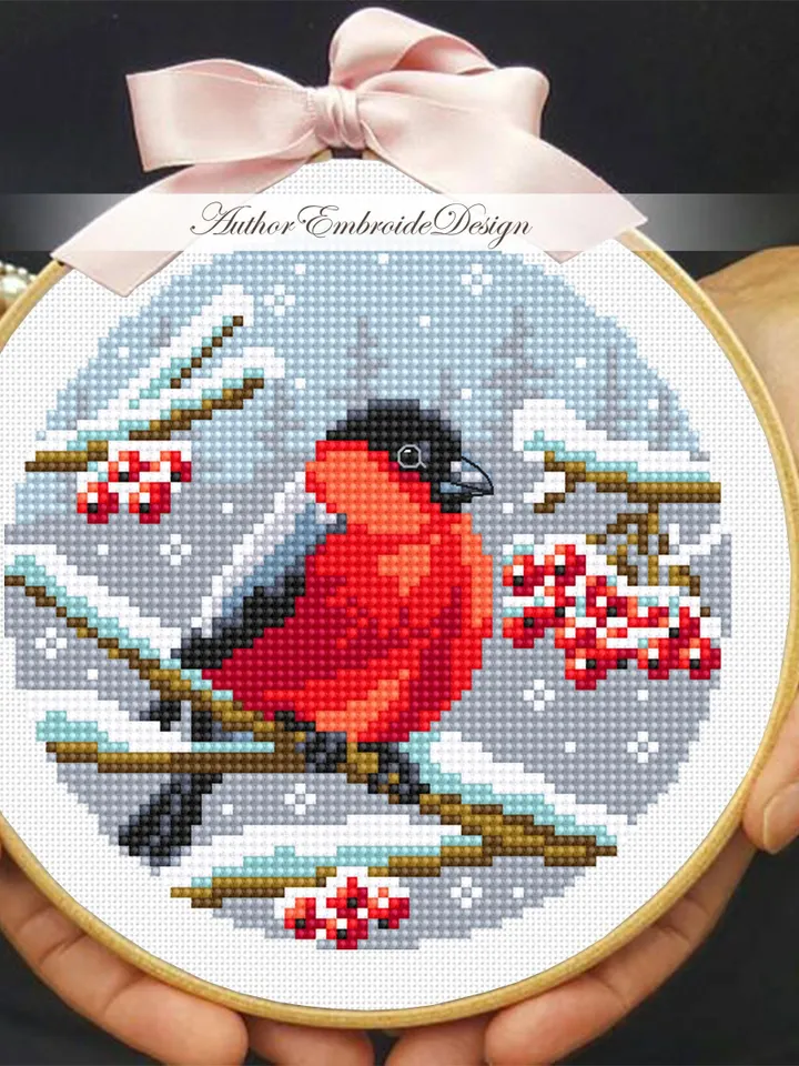 Bullfinch cross stitch pattern PDF download Winter red bird cross stitch chart, Christmas pattern digital PDF Snow nature cross stitch #N167