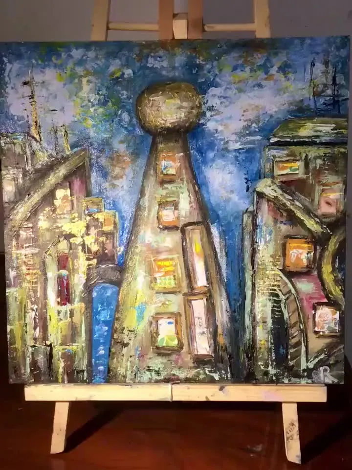 Sky town,original mix media painting on cardboard,collage and acrylic painting,fantasy cityscape,wall art.