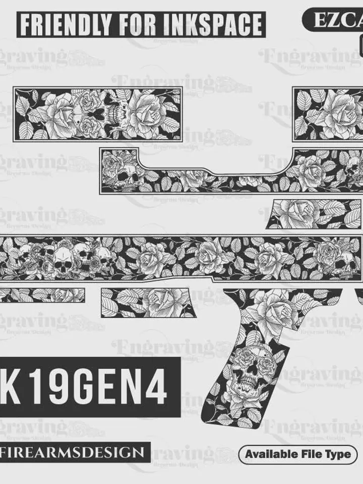 Glock19 Gen4 Rose Scroll With Skull Svg,lasercut,laserengraving,fiberlaser,engravingfiles,laserpattern,engravingdesign,pattern,metalart