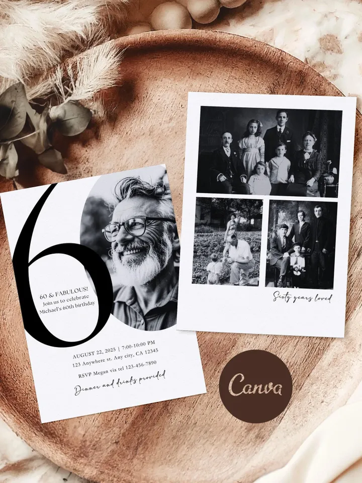 60th Birthday Party Invitation Card, Look Who's 60, Editable 60th Birthday Card Template, Printable Minimalist Birthday Photo Card Canva